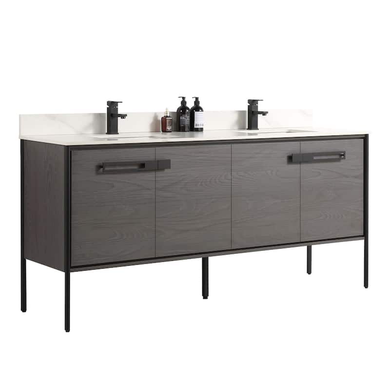 Fine Fixtures Oakville Bathroom Vanity with White Ceramic Sink - 72 Inch - Black Coal Oak - Black Hardware