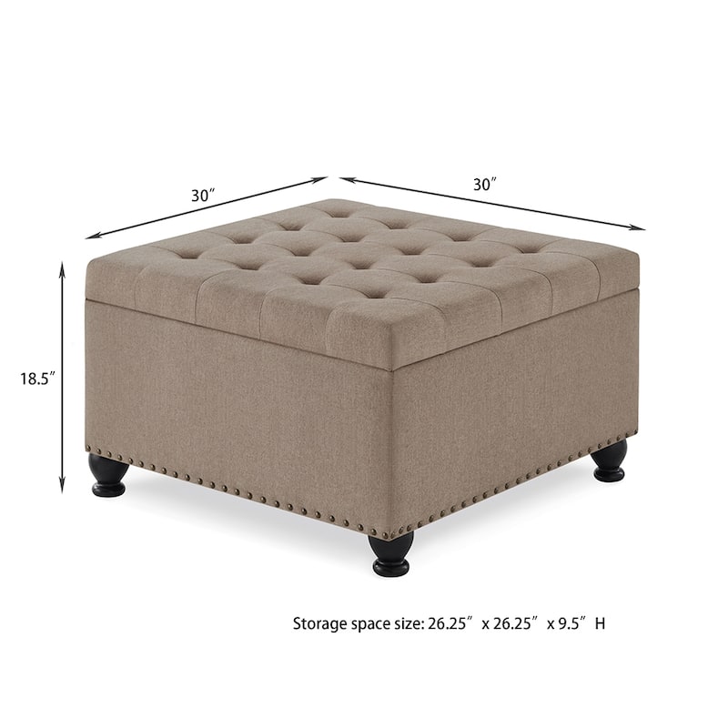 30"L Square Storage Ottoman Bench, Upholstered Tufted Button Storage Bench With Nails Trim