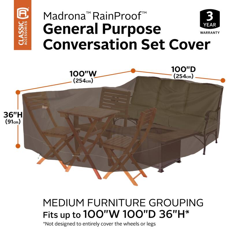 Classic Accessories Madrona™ RainProof™ General Purpose Patio Cover, Dark Cocoa - 100"W x 100"D x 36"H