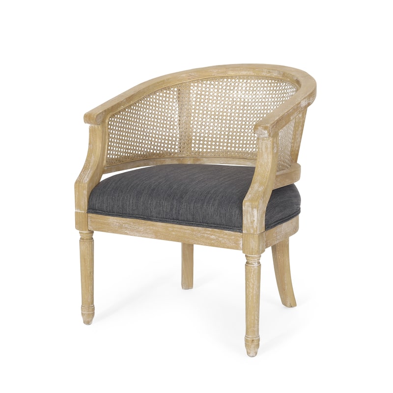 Roomfitters Natural Rattan Barrel Accent Chair, Cane Woven Backrest with Upholstered Seat