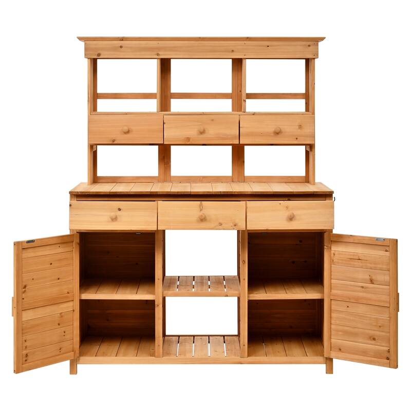 Outdoor Wood Workstation Table, Garden Potting Bench Table with Hutch, Storage Workstation with 2 Bottom Cabinets and Side Hooks