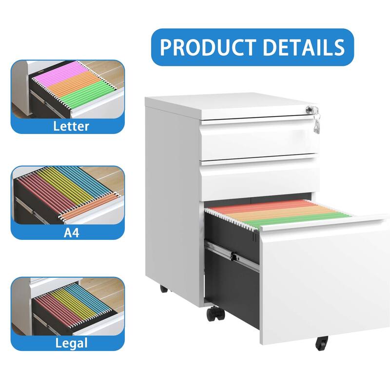 Anmytek White 3 Drawer Mobile Locking Metal File Cabinet Fully Assembled for Home Office Letter Legal A4 Storage