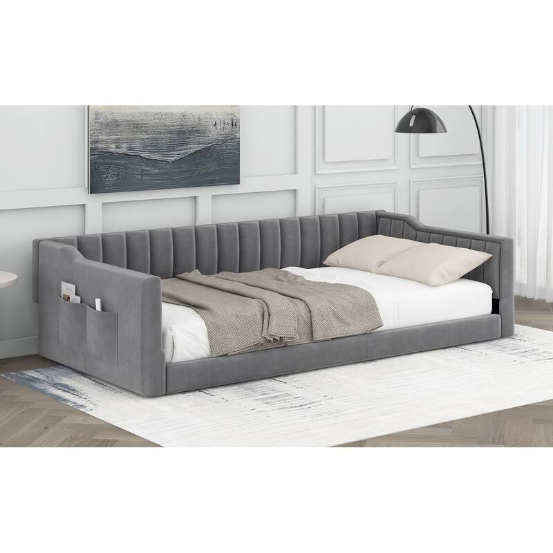 Roomfitters Twin/Full XL Size Upholstered Daybed with Side Storage Pocket and Modern Frame