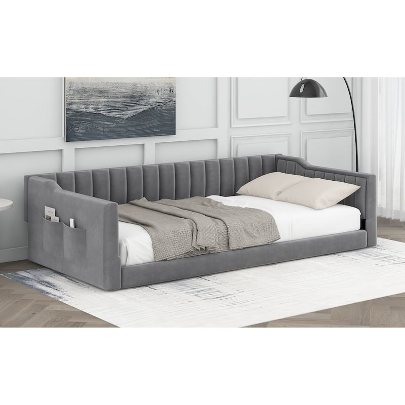 Twin XL Velvet Upholstered Daybed with Side Storage Pocket, Sloped Arms, and No-Box Spring Support