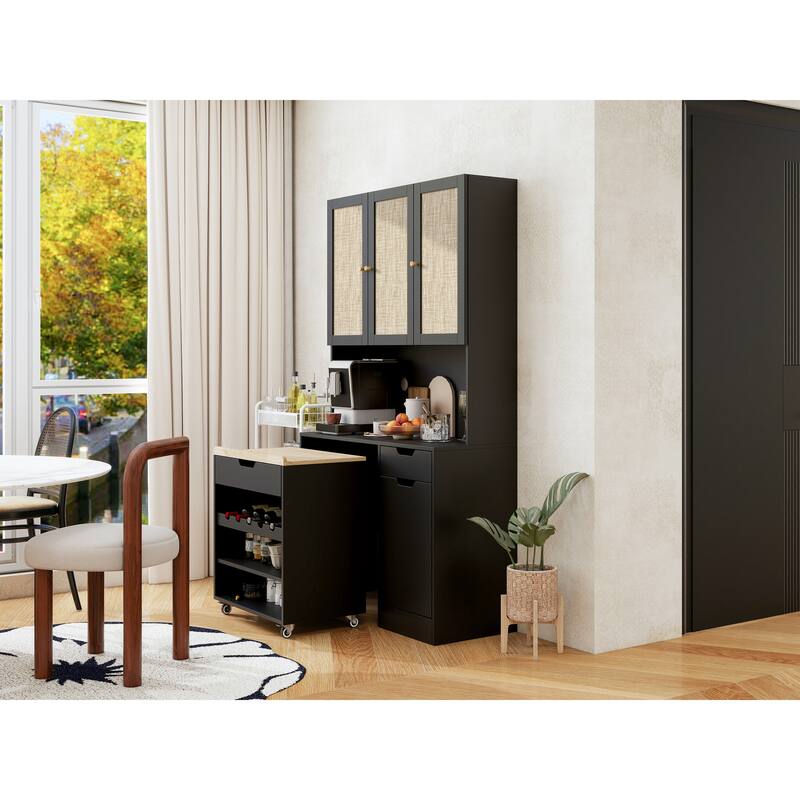 69.29" Kitchen Pantry Storage Cabinet, Modern Buffet Cabinet with Kitchen Cart, Tall Kitchen Hutch Cabinet with Microwave Stand - Black