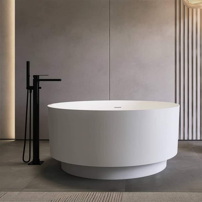 49 Inch Round Shape Freestanding Solid Surface Soaking Bathtub For Bathroom - Matte White