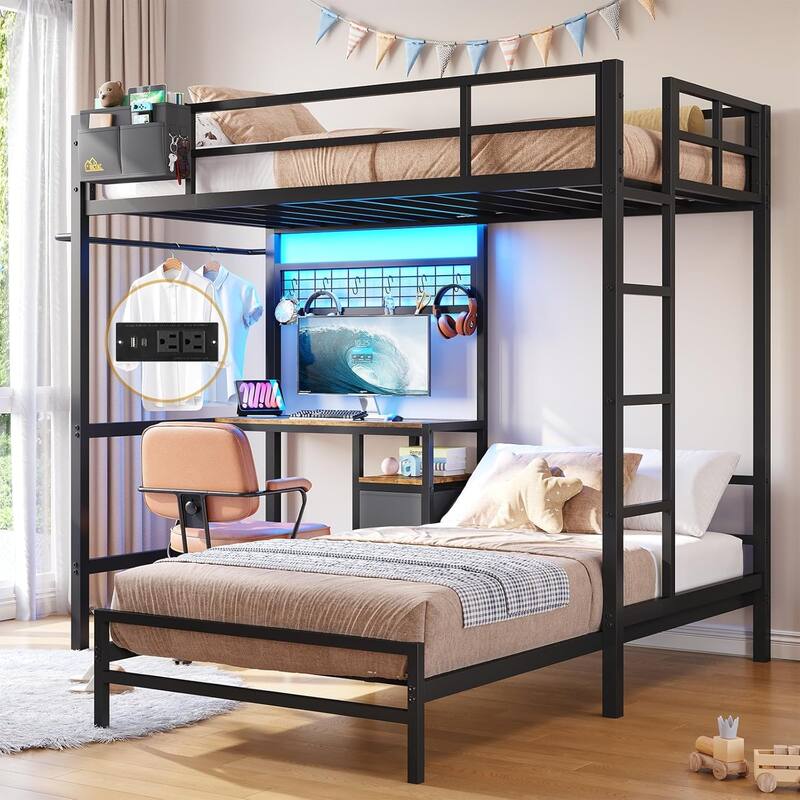 Bunk Bed Twin Over Twin Size with Desk Charging Station L-Shaped Metal