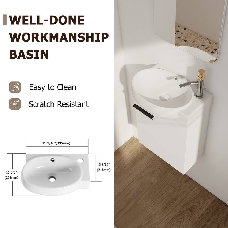 Wall Mounted Bathroom Vanity with Ceramic Sink, Soft-Close Door Hinges, Black Chestnut Finish for Small Spaces