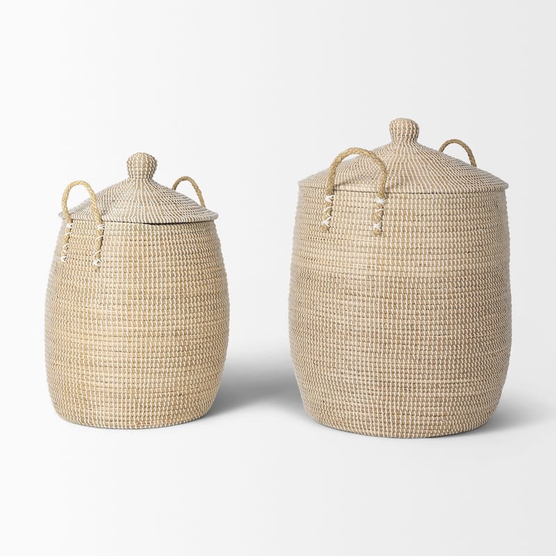 Kairi Light Brown Seagrass Floor Baskets With Lids And Handles (Set of 2) - 20.9L x 20.9W x 29.9H