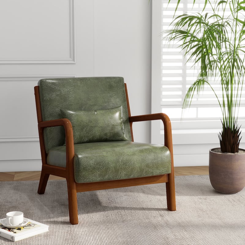 Mid Century Solid Wood Upholstered Accent Chair - HUNTER GREEN/PU/BROWN WOOD HIGH SIDE FRAME