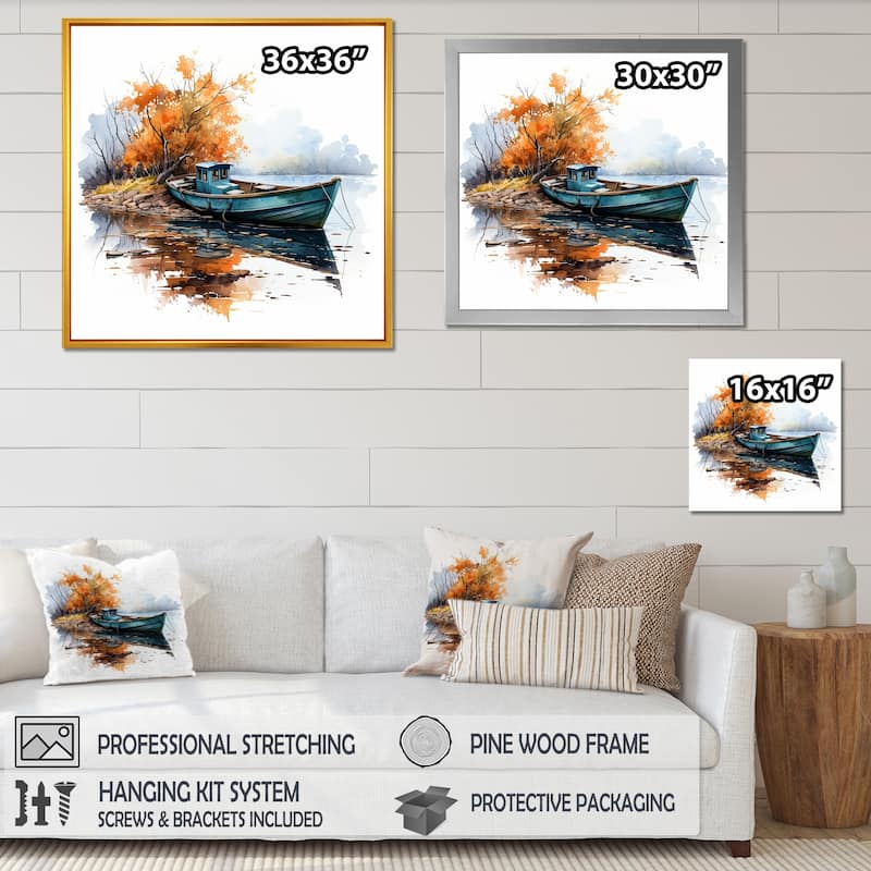 Designart "Autumn Tranquility Canoe By The Lake II" Boat Fishing Wall Art Modern Wrapped Canvas Wall Decor For Hallway