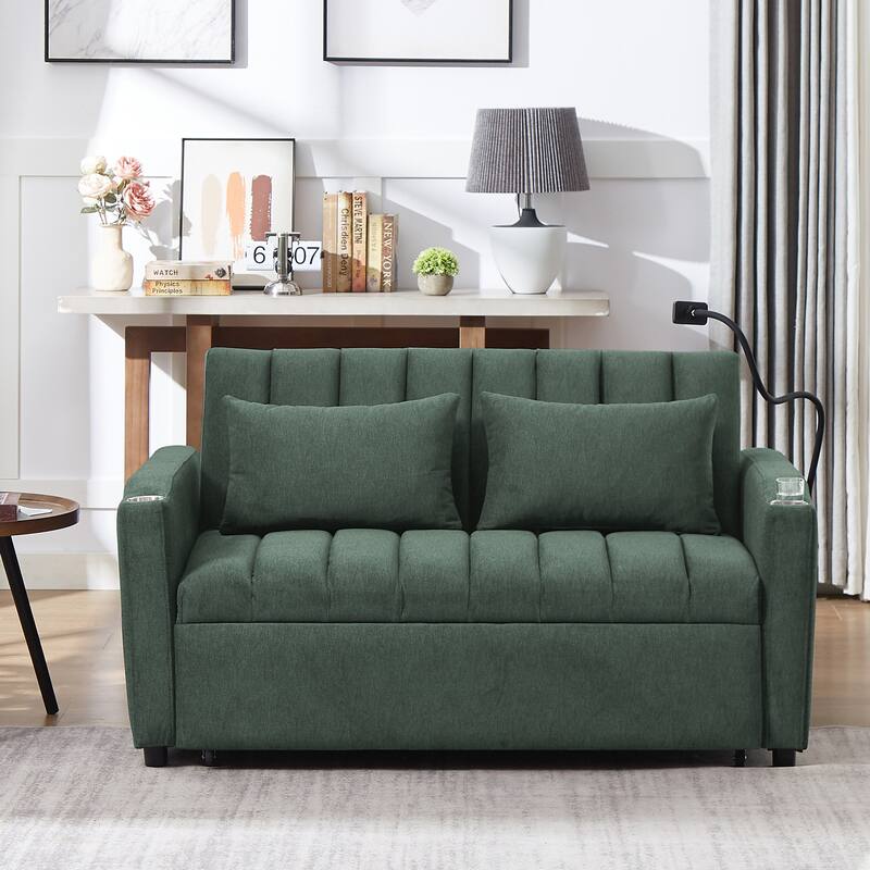 Roomfitters 55 Inch Convertible Sofa Bed Loveseat with 3 USB Ports, 360 Swivel Phone Holder, Green - Green