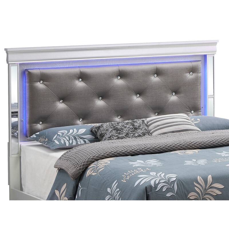 Queen Size Wood Platform Bed with LED Headboard and Leather Upholstery