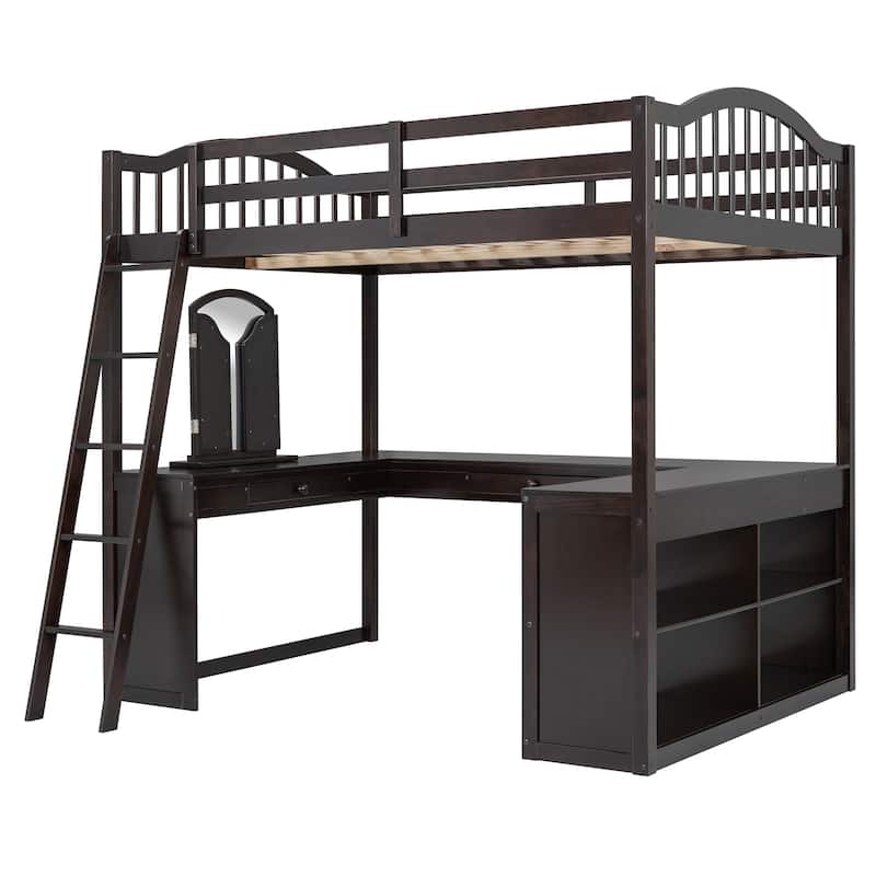 Full Size Wooden Loft Bed with U-Shaped Desk, Tri-Fold Mirror & Storage Compartments, Space-Saving Design