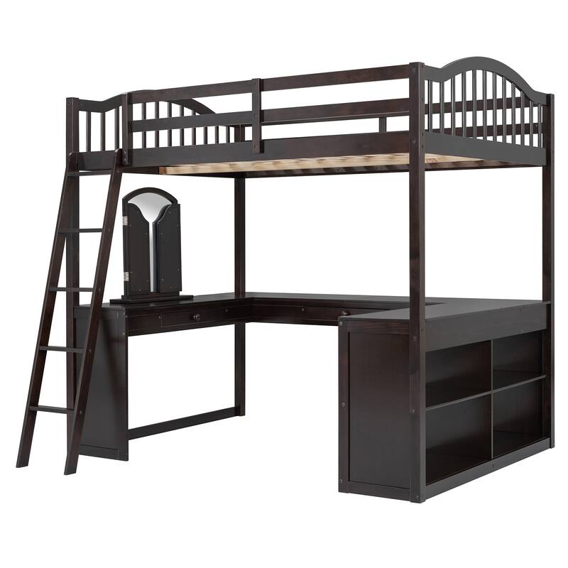 Full Size Wooden Loft Platform Bed Frame with U-Shaped Desk, Storage Compartments and Tri-Fold Mirror for Maximum Space