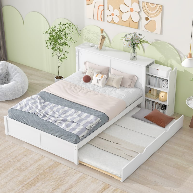 Queen Size Storage Platform Bed with Pull Out Shelves and Twin XL Size Trundle, White