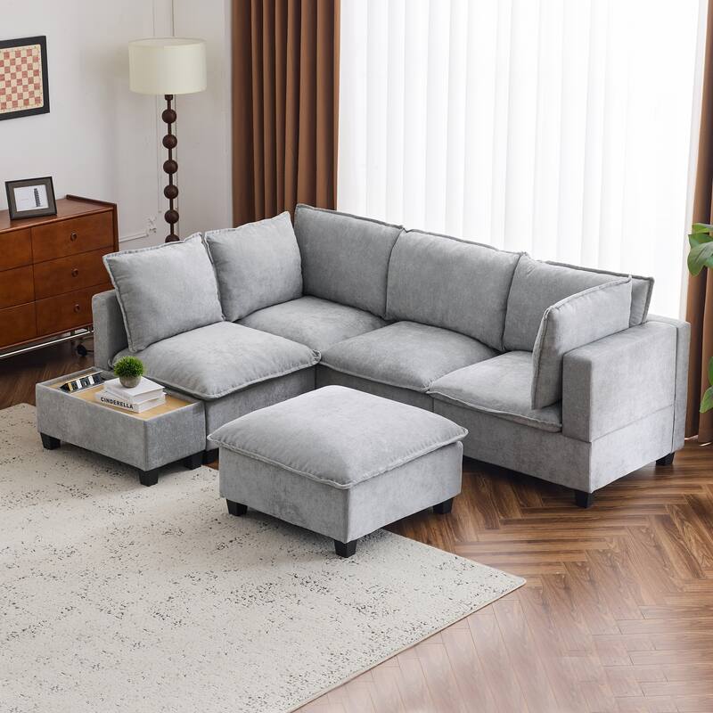 90" Chenille U-Shaped Sectional Sofa with Ottoman, Charging Ports