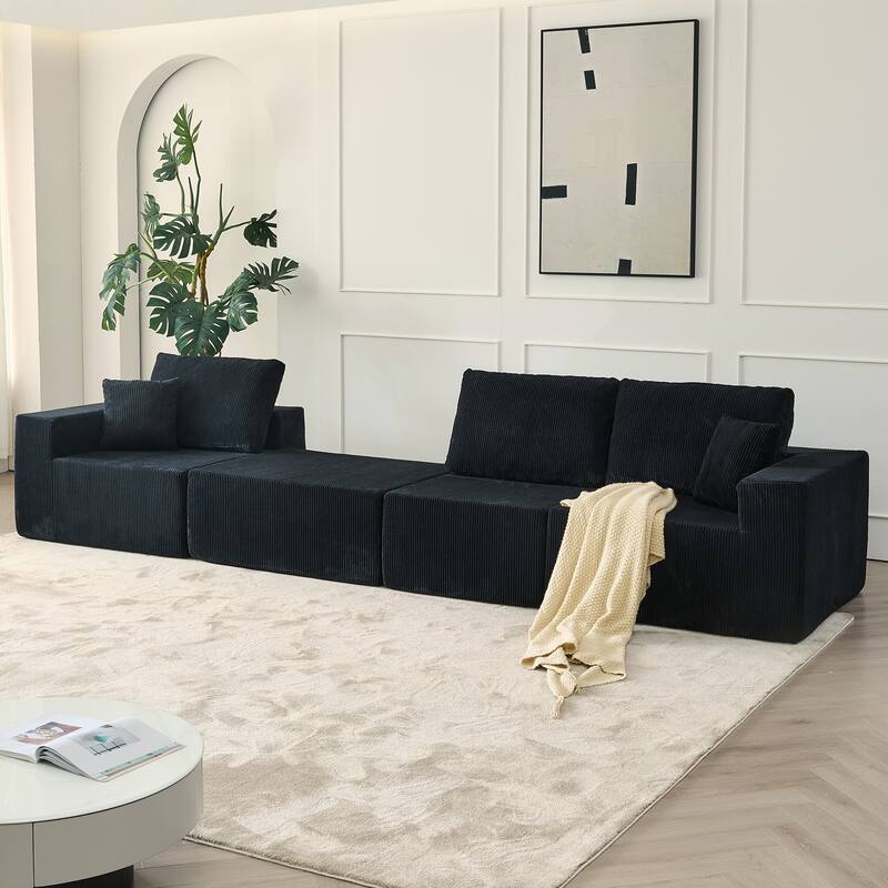 Modular L Shaped Sectional Sofa with Ottoman, Corduroy Boneless Cloud Sofa, 3 Seater Upholstered Sofa with 2 Pillows