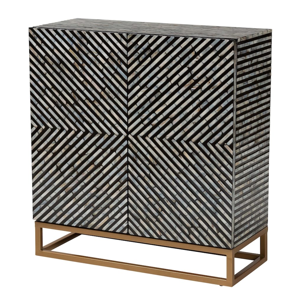 Belenus Modern Bohemian Two-Tone Black and Grey Mother of Pearl and Gold Metal Storage Cabinet