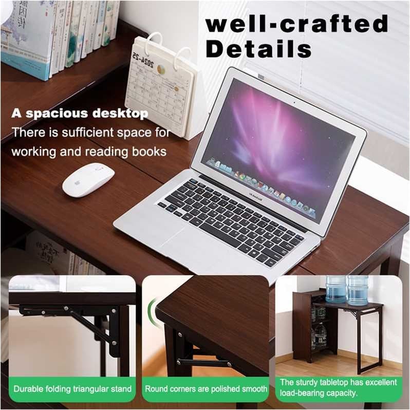 Bamboo Folding Desk with Built-in Socket & Hidden Storage, Foldable Computer Table for Small Spaces