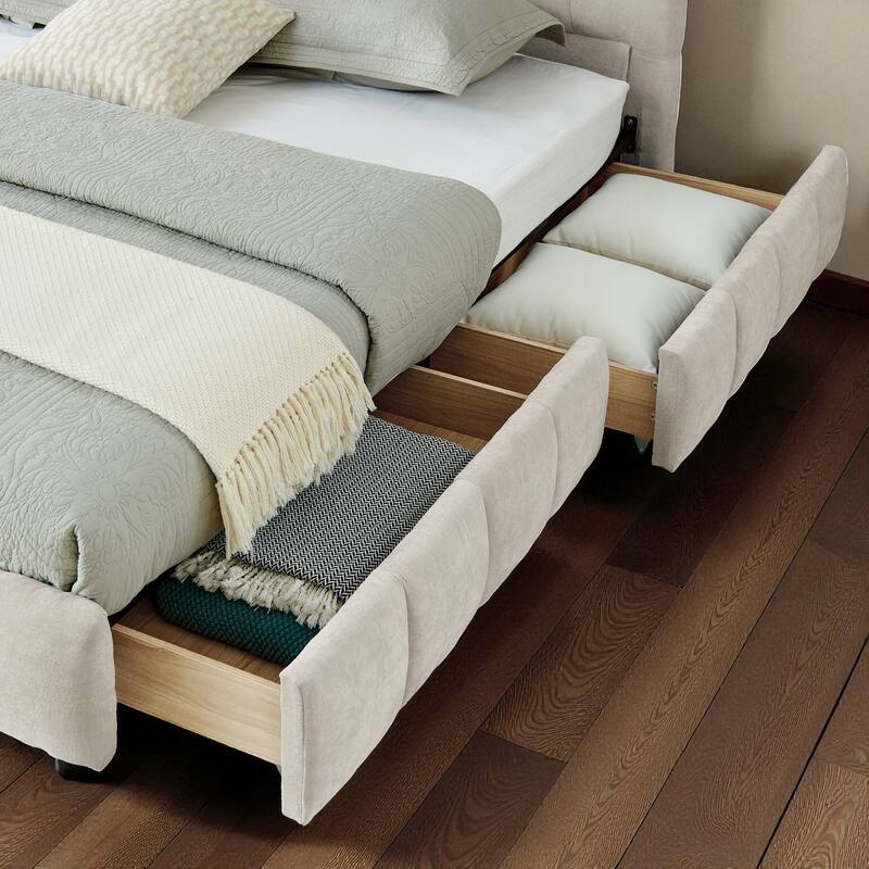 California King Upholstered Bed Frame with Chenille Fabric Headboard and Underbed Storage Drawers Modern Platform Bed