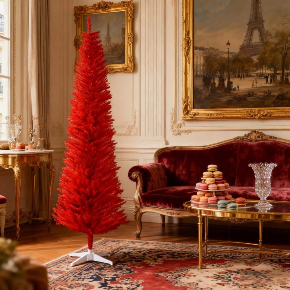 7 Foot Red Pencil Christmas Tree ,with 499 Realistic Branch Tips and Plastic Stand
