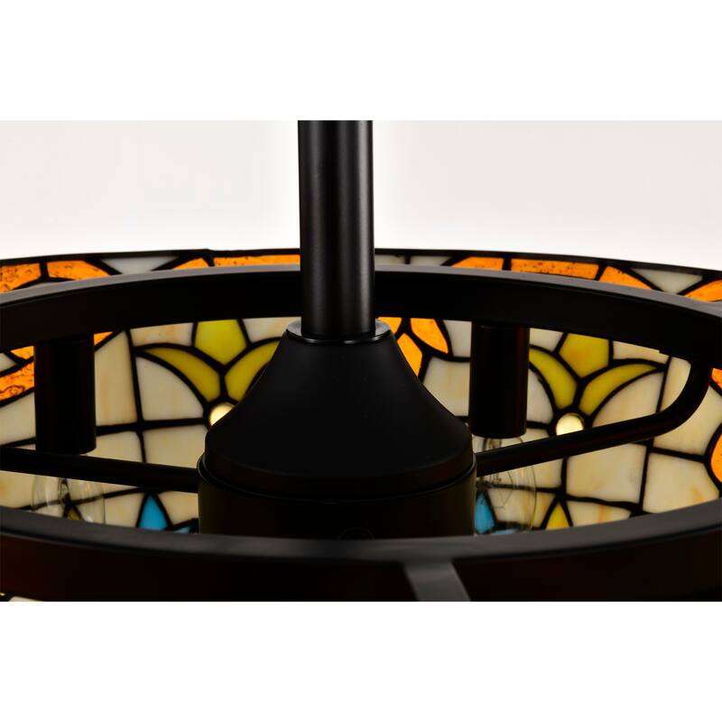 Fleur Carousel Ivory and Amber Tiffany Glass Lighted Ceiling Fan w Remote