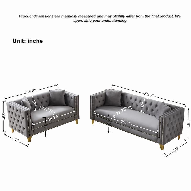 Roomfitters 80" and 58" Modern Tuxedo Sofa and Loveseat Set, Buttoned Back Couch with Gold Legs and Nailhead Trim