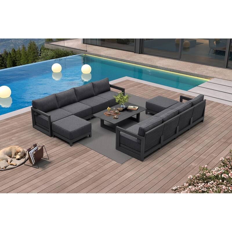 PURPLE LEAF Caesar Grey Sofas Sectionals 4-18 Piece with 9.6" Thick Cushion for Yard Porch Deck Outdoor Patio Conversation Sets - 8 Seats+2 Ottomans+1 Table - L-shaped