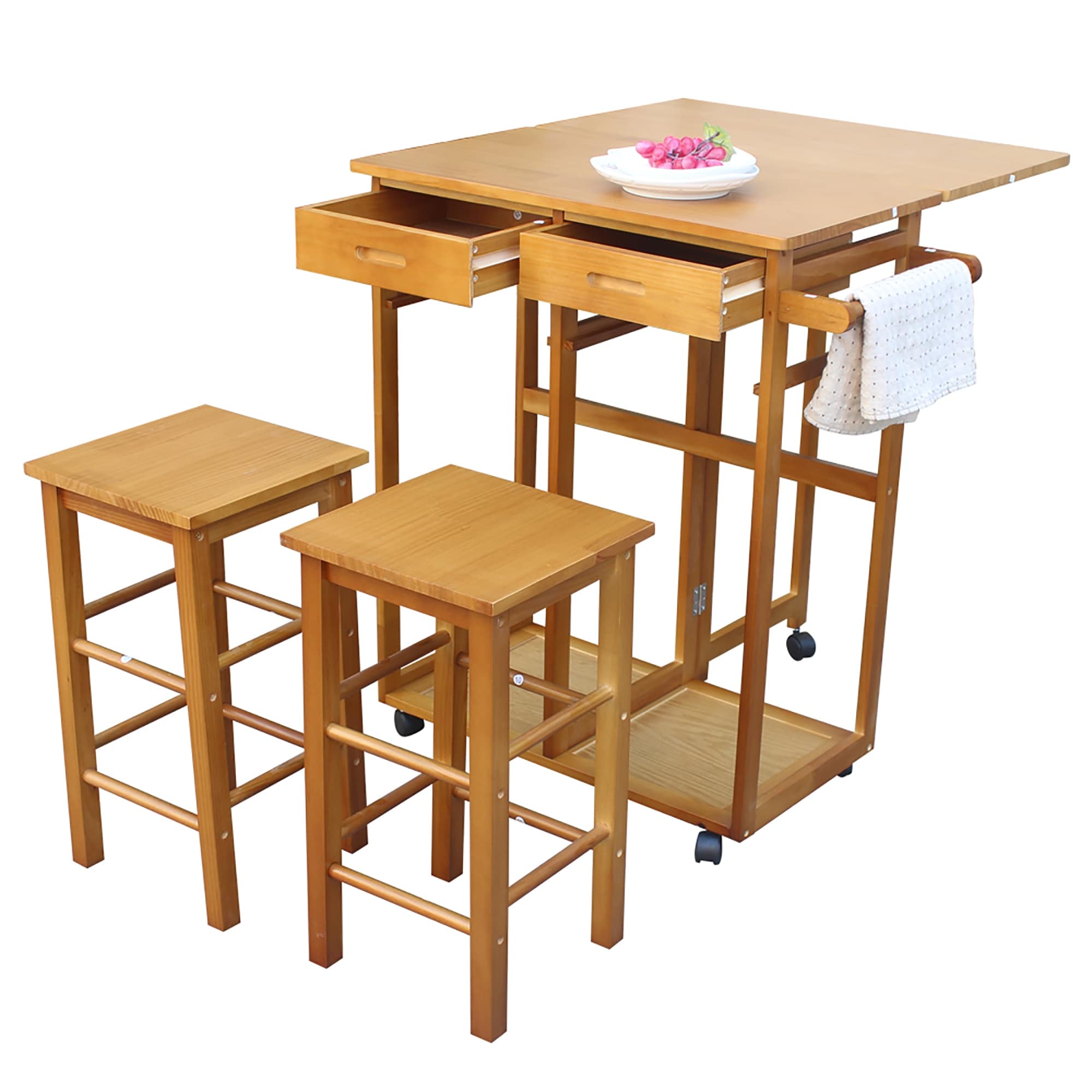 Kitchen Furniture Square Folding Dining Cart Bar Table with 2 Stools
