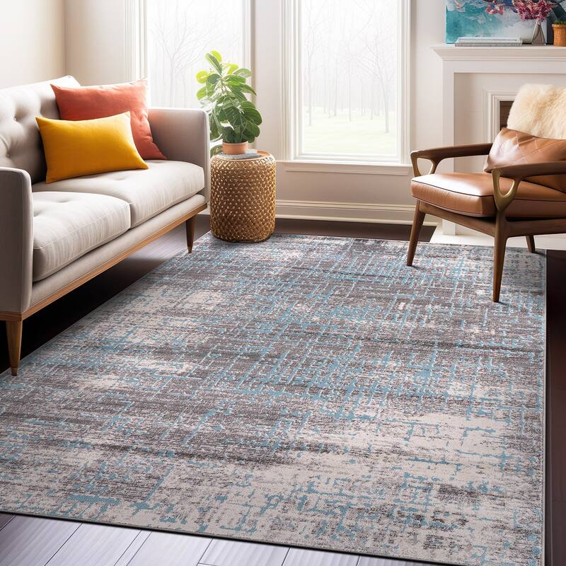 World Rug Gallery Distressed Abstract Design Blue Area Rug - 5' x 7' - Blue - Rectangle