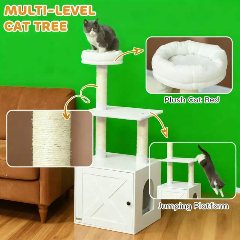 White Cat Tree with Litter Box Enclosure