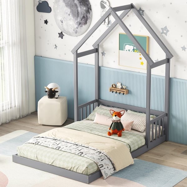 slide 2 of 10, Full Size Roof-Framed Headboard Floor Bed with Guardrails, House-Style Design for Cozy and Safe Sleep