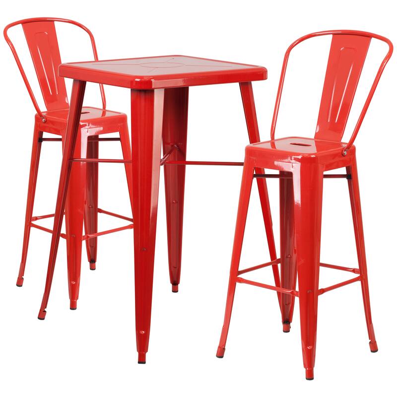 23.75'' Square Metal Indoor-Outdoor Bar Table Set with 2 Stools with Backs - 27.75"W x 27.75"D x 40"H