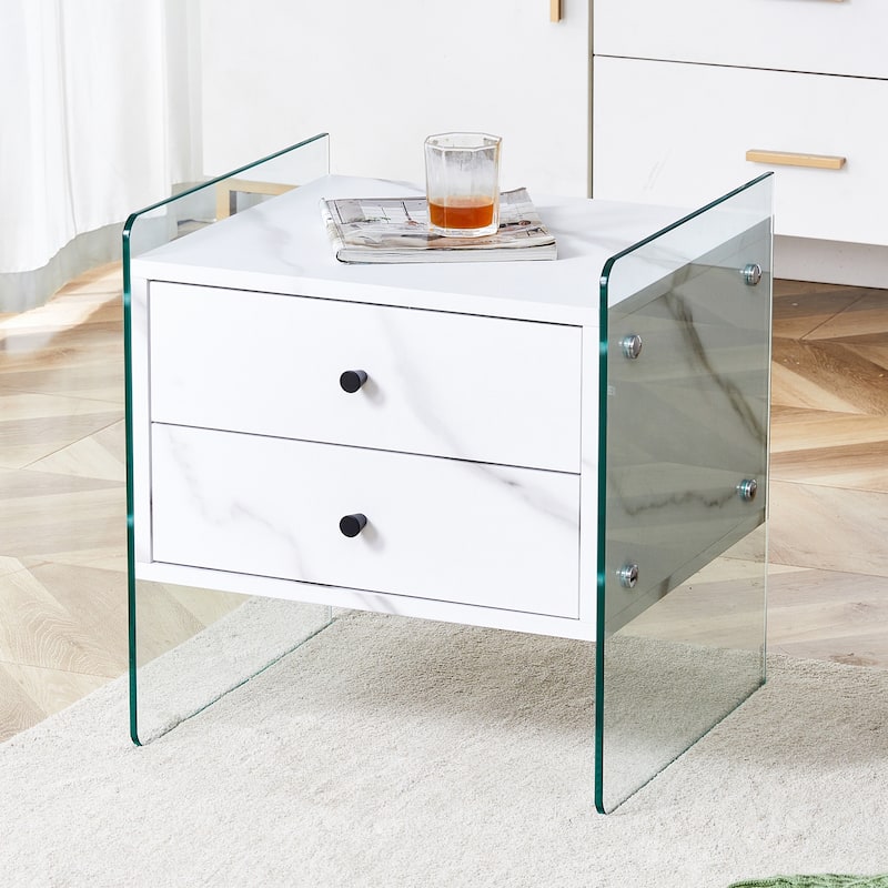 Double-Drawer Bedside Table with MDF Board and Tempered Glass, Simple Elegant Design, Multi-Functional Storage