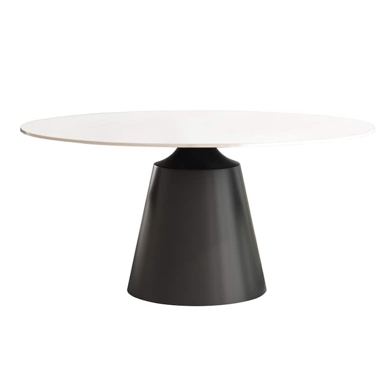 Modern Round Rock Slabs Black Titanium Stainless Steel Pedestal Dining Table - 4 Seats - White