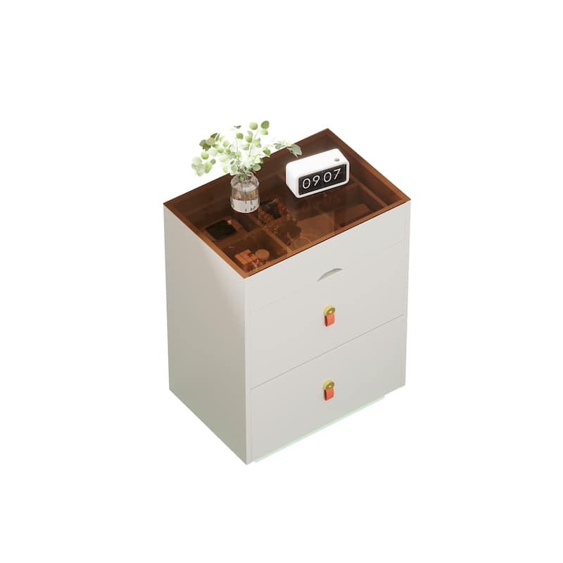 3-Drawer 30"Nightstand with LED Light, Modern Nightstand with 3 Storage Drawers, Glass Top Jewelry Storage