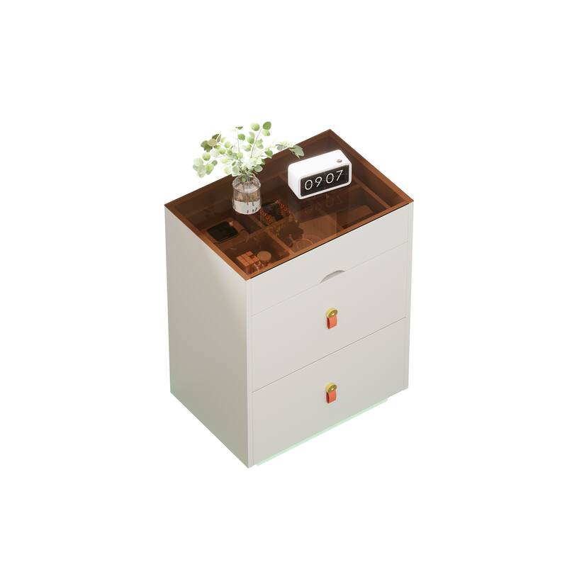 Nightstand with LED Lights & 3 Drawers, Side Table with Glass Top Jewelry Storage Compartments, Small Wood Accent Table