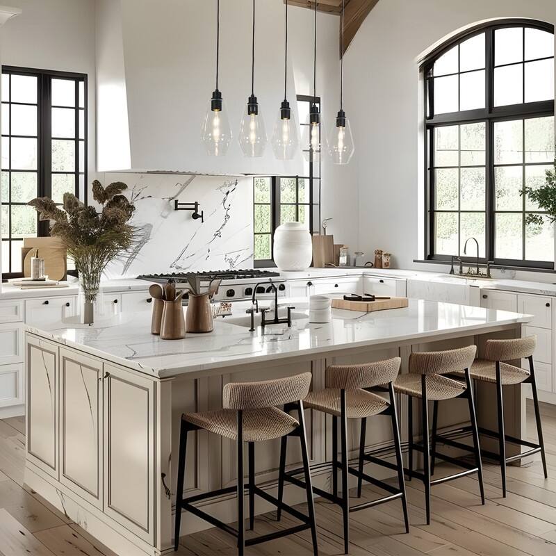 Modern Farmhouse 5-Light Black Linear Chandelier Glass Pendant Island Light for Dining Room - L38" x H75.2" Max