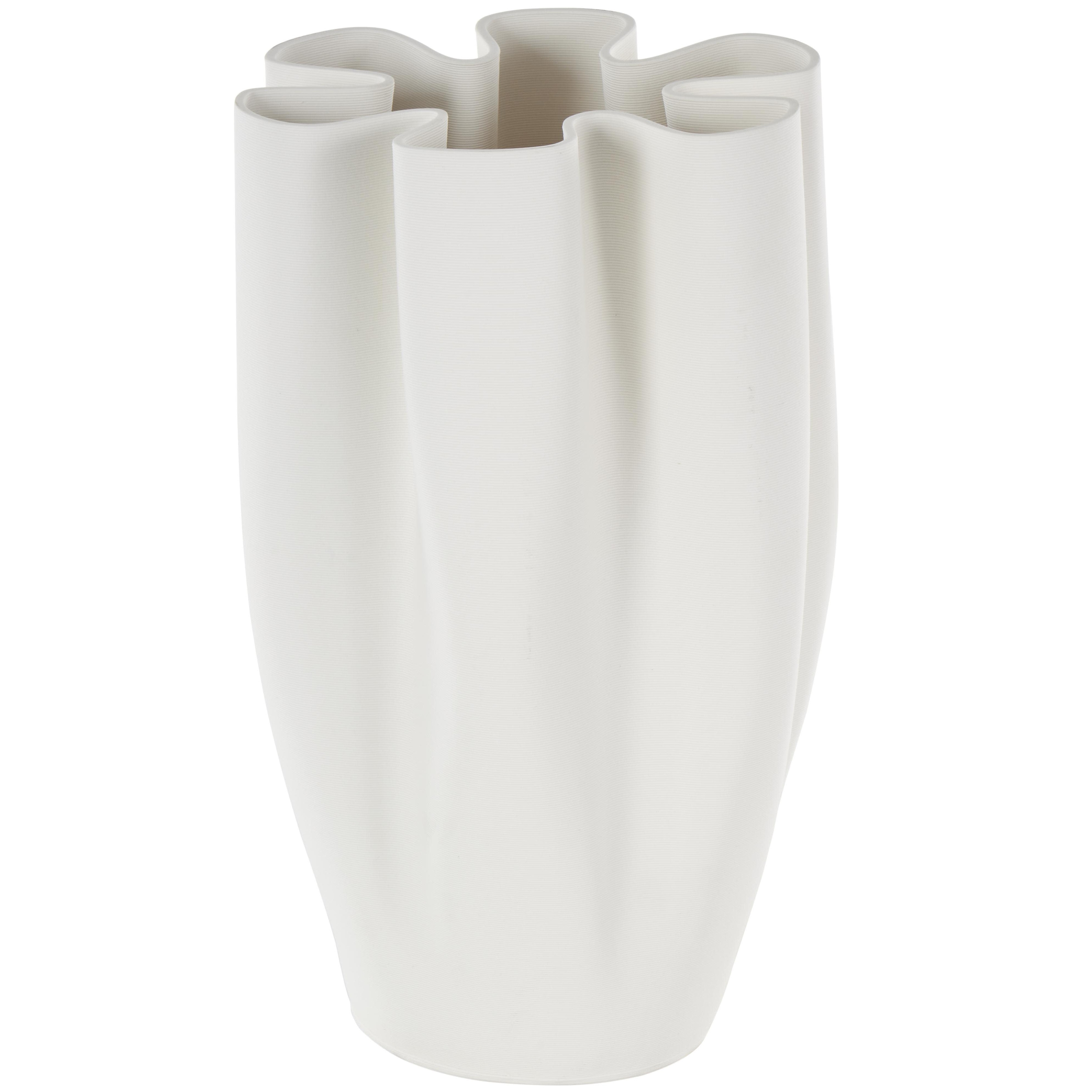 Ceramic Abstract Ribbed Dimensional Folded Decorative Vase with Floral Shaped Rim - White - Roche River Decor