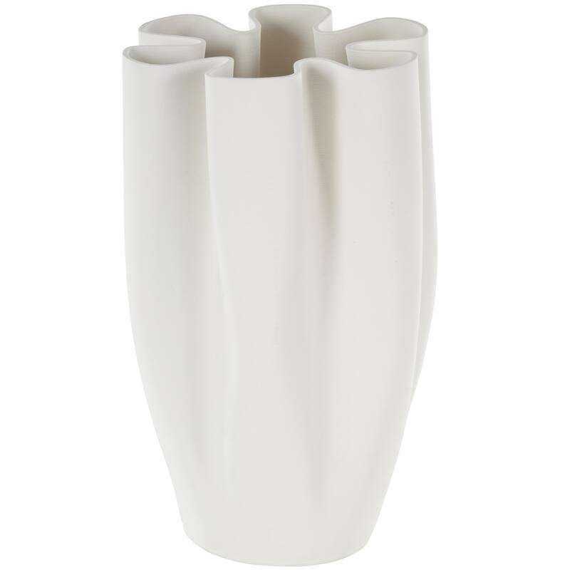 Ceramic Abstract Ribbed Dimensional Folded Decorative Vase with Floral Shaped Rim - White - Roche River Decor - White
