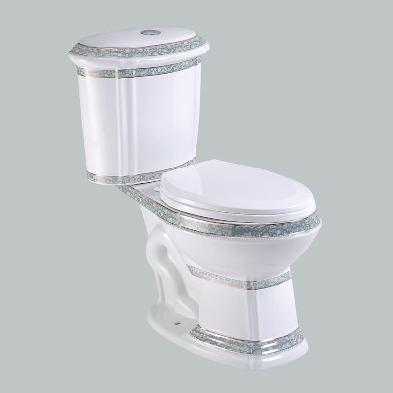 India Reserve Green and Gold Accent Two Piece Toilet Elongated with 0.8 GPF/1.6 GPF WaterSense Dual Flush - White