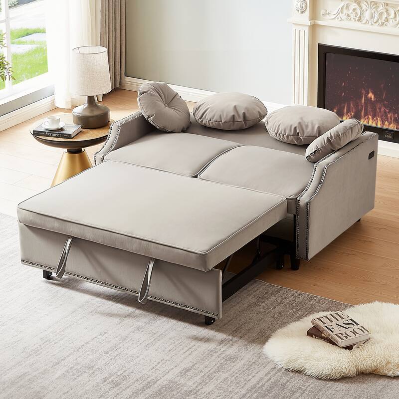 Loveseat Sofa Bed with Adjustable Button Tufted Backrest, 2 USB Ports and 4 Pillows