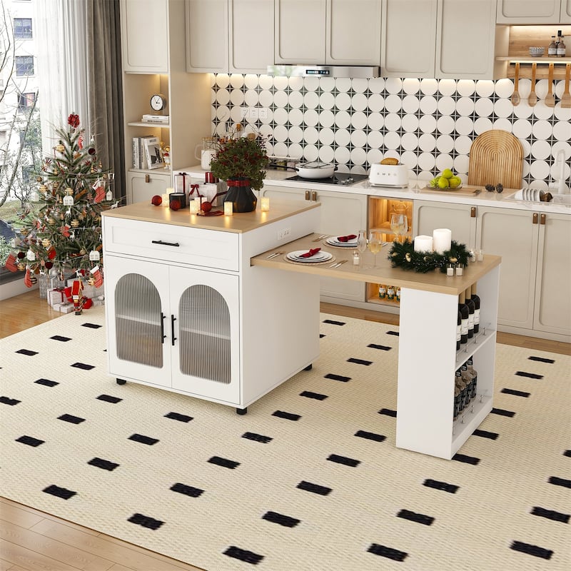 80" Expandable Kitchen Island with Dining Table, Mobile Storage Cart with Cabinet