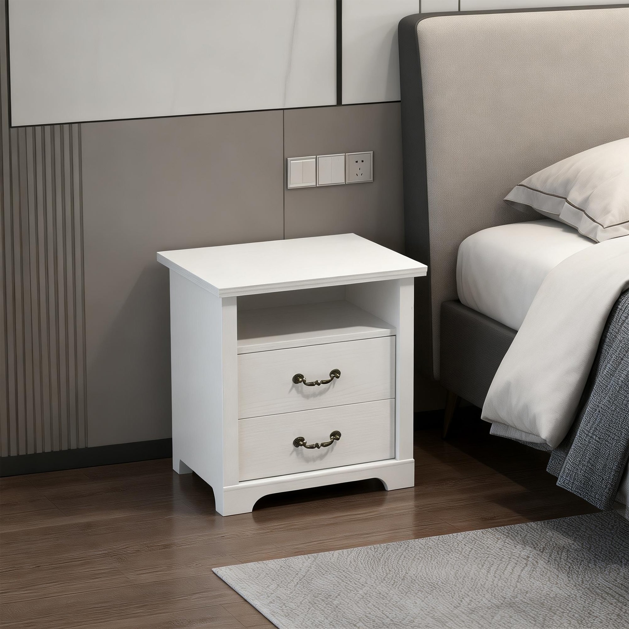 Modern White Nightstands (Set of 2) with Open Shelf and 2 Drawers