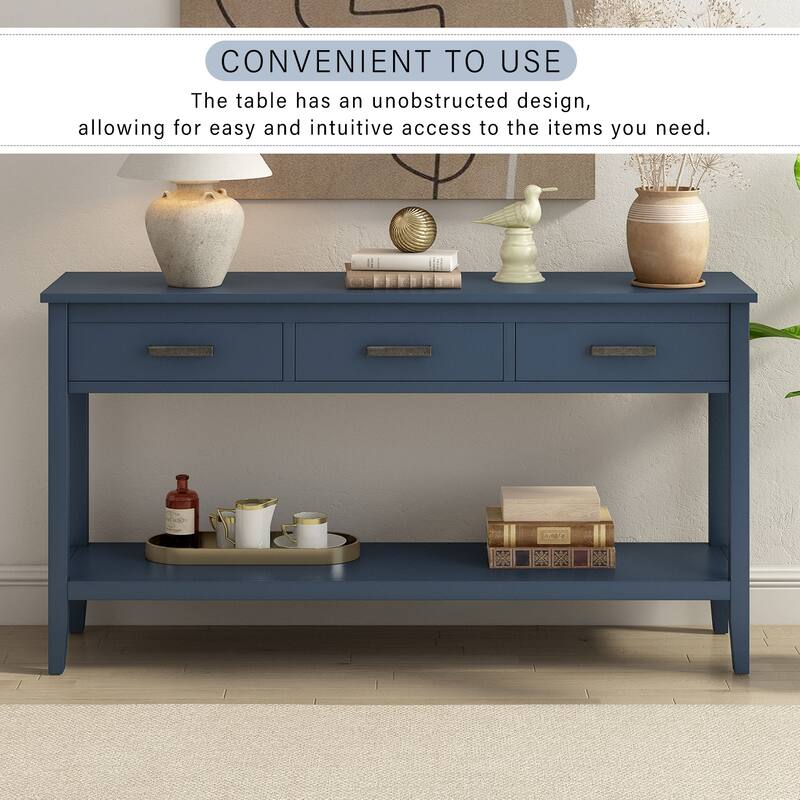 59.1" Wooden Entryway Console Table with 3 Drawers and Open Shelf
