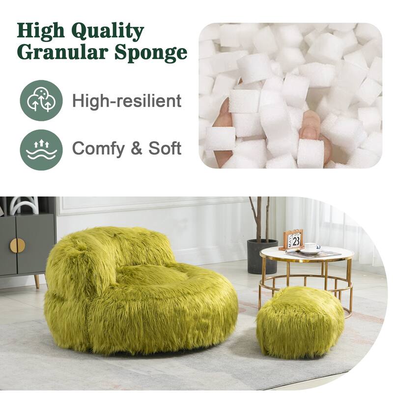 Plush Upholstered Round Comfort Lounger Bean Bag Chair with Ottoman