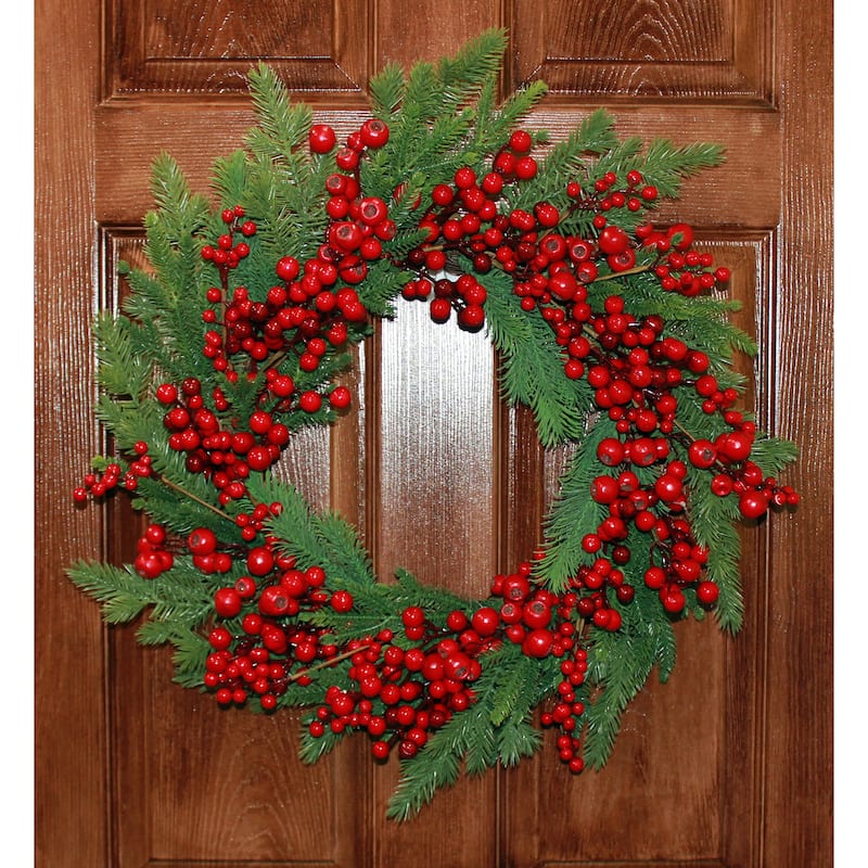24" Red Berries & Cedar Wreath - Multicolor