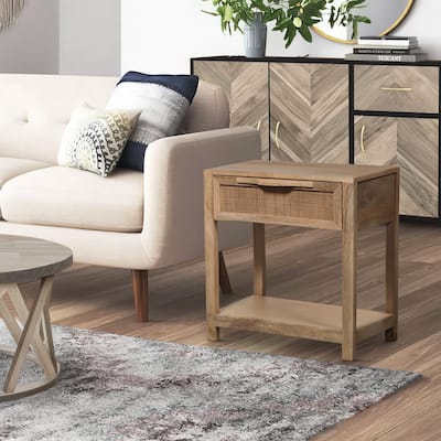 Rosette 22 Inch Accent Side Table, Rattan Front Drawer, Open Shelf, Natural Brown Mango Wood Frame