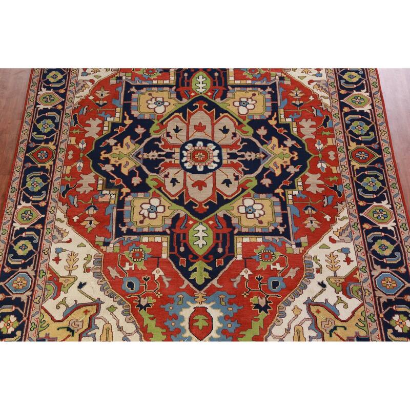 Hand Knotted Oriental 100% Wool Carpet Traditional Medallion Oranges & Rust Heriz (serapi) Area Rug - 13' 10'' X 9' 9''